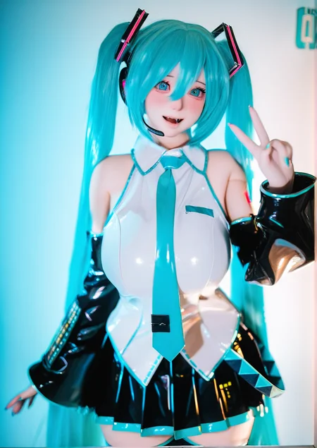 <lora:ééå²è¯Baldr_Shizuno:1>,1girl, hatsune miku, huge breasts, aqua eyes, aqua hair, aqua nails, aqua necktie, bare shoulders, black sleeves, blush, character name, collared shirt, detached sleeves, eyelashes, fang, headset, long hair, necktie, open mouth, pleated skirt, shirt, skirt, solo, thighhighs, twintails, v, very long hair, zettai ryouiki, 
very awa, masterpiece, best quality, newest, highres, absurdes,amazing quality