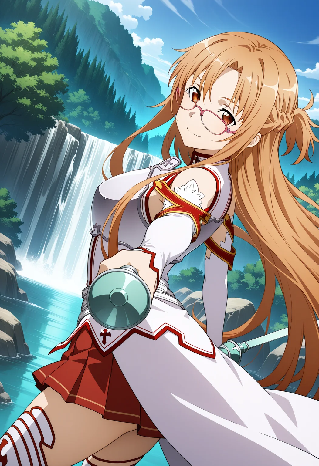 masterpiece, best quality, high resolution, source_anime, highly detailed illustration, detailed eyes,
very aesthetic, absurdres, newest, amazing quality,
armor, pleated skirt, thighhighs, cowboy shot, incoming attack,
1girl, solo, asuna \(sao\), sword art online, rapier, holding, outdoors, forest, river, waterfall, smile, half-closed eyes, looking at viewer, serious, sky, dutch angle, from side,
<lora:shiCrookedEyeV1ill:1>, shicrookglass, crooked eyewear,