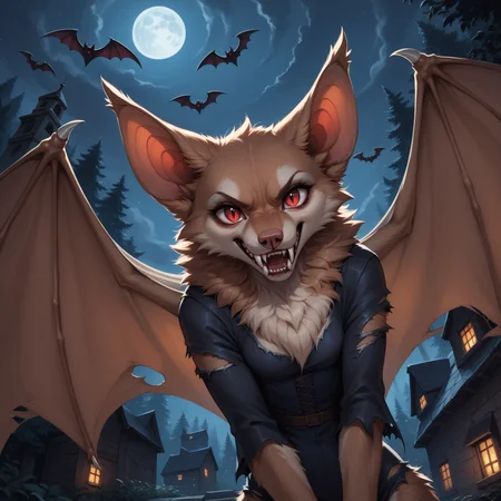 score_9, score_8_up, score_7_up,
source_furry, high quality, perfection, detailed, aesthetic, well-lighted,
1girl, solo, upper body, (dynamic angle:1.2),
night, outdoors, mansion, forest,
furry female, semi-anthro, furred body, fluffy fur, beautiful eyes, perfect eyes, detailed eyes,
vampire, (bat:1.2), werebat, light-brown fur, fangs, sharp teeth, red eyes, (no hair, hairless, bald), snout,
torn clothes, wings,
anger, horror, growling, standing, dynamic pose, action pose,