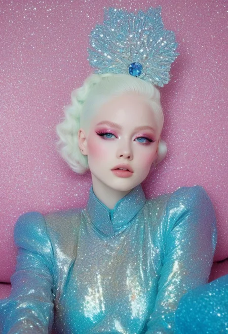 Half-body closeup shot, rainbow colored glitter, young albino woman cute face, oily skin, glitter, diamonds, shine pink make up, slouched on a blue couch, fashion pose photography, pastel color ornate background,
