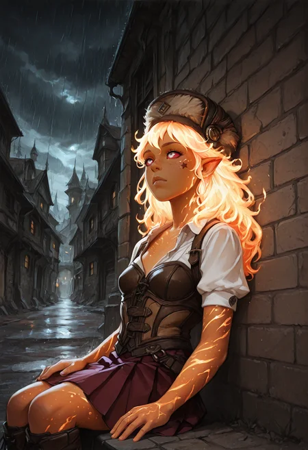 very awa, lineart, watercolor, negative space, [sei shoujo], [yoshiten], style parody, [bang dream!], [arcane: league of legends], [league of legends], (portrait:1.9), (overhead view:1.5), (dynamic angle, depth of field) BREAK woman, solo, <lora:FireGenasi:0.7> FireGenasi, fire hair, colored sclera, pointed ears, pastel pink fire hair, <lora:Fiery_Hair_P1:0.6> Fiery_Hair, glowing grey eyes, star tattoo , freckles, body freckles (deep [yellow:orange:0.2] skin:1.2), voluptuous body, regal, , small breasts, perfect hands, colored lips, looking up, (contemplative), BREAK ranger, wearing short sleeved (detailed grey and dark yellow_brown hardened leather bustier), button down collar, maroon pleated skirt, tuille, deep green_yellow hide knee boots, ushanka BREAK fantasy, outdoors, fantasy town, plaster buildings, brick streets,, urban details, houses, reclining, sitting, seiza , arms relaxed, against wall, summer, night, cool light, heavy shadows, night sky, overcast, cloudy sky, rain, storm, wind,, cinematic lighting BREAK <lora:Expression_Detailer_Illustrious_Lora:0.7> <lora:Echodove-ILLU:0.6> <lora:DarkerThanDarkIllustriousV1:0.5> <lora:Relatively_Default_V1_Illu_Edition:0.6> RD-Illu, <lora:Stunning_Art_-__Landscape__Background-000009:0.6> st_landscape