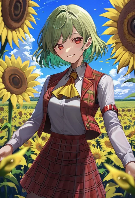 score_9, score_8_up, score_7_up, SLVTK, anime, 1girl, solo, green hair, red eyes, flower, skirt, vest, ascot, sunflower, plaid vest, shirt, long sleeves, plaid, plaid skirt, looking at viewer, field, flower field, skirt set, day, white shirt, smile, short hair, arm belt, yellow ascot, open vest, red skirt, sky, red vest, outdoors, blue sky, vibrant colors, cel shading