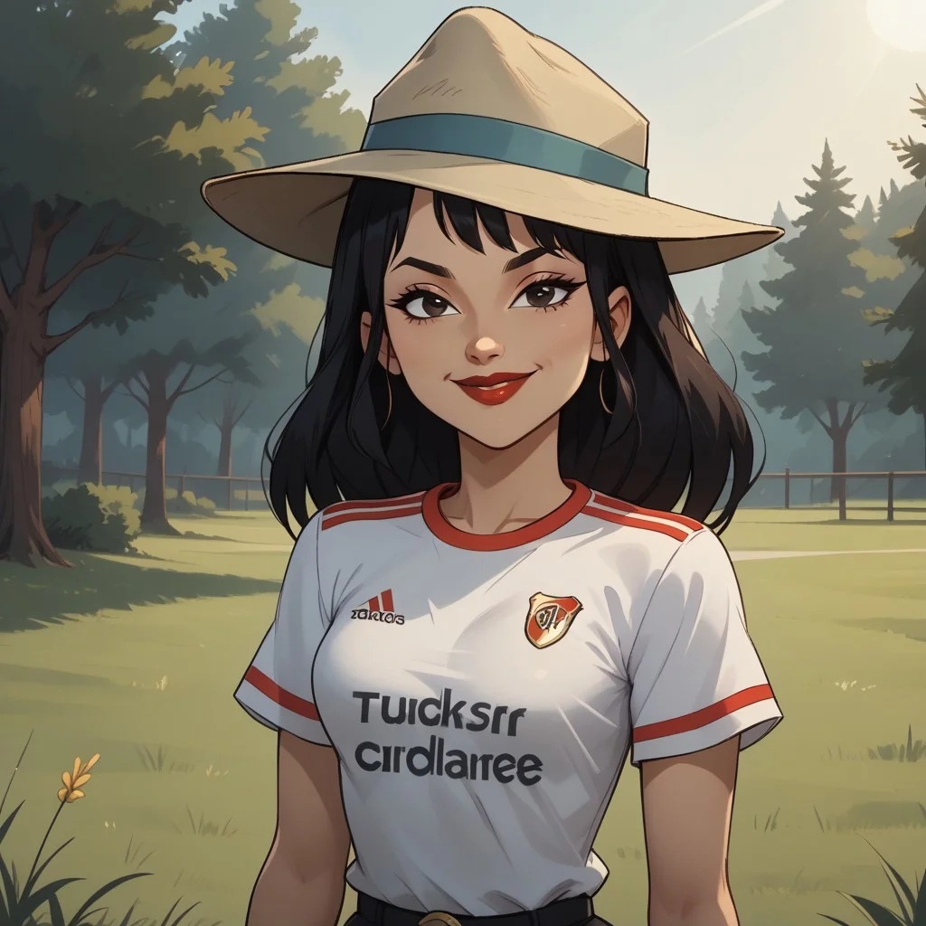 score_9, score_8, BREAK, solo, black hair, fedora hat, RiverPlate, striped shirt, striped, shirt, white shirt, short sleeves, clothes writing, sportswear, soccer uniform, red lips, lipstick, breasts, total drama, Sky_sister_(Total_Drama), cute, sexy pose, self portrait, smile, looking at viewer, outdoors, sunlight, shadows, evening lighting, natural lighting, forest, trees, grass, orange sky, sunset