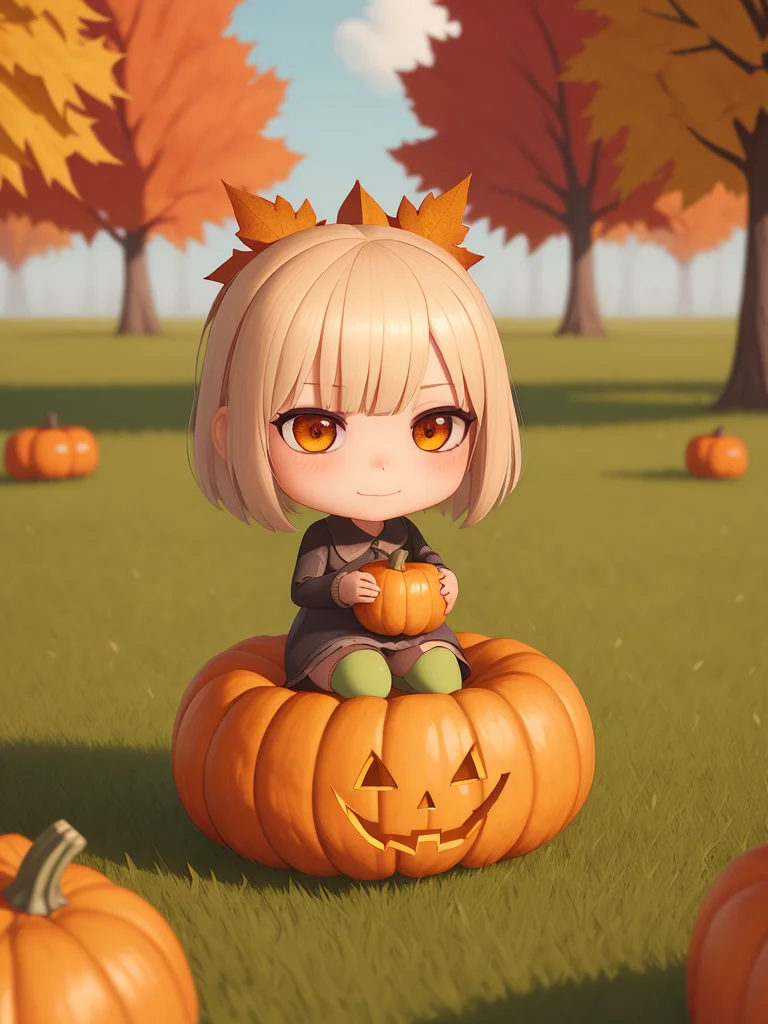 hand drawn cute chibi girls in autumn disguise holding pumpkin and maple leaf, 3d, unreal engine, blender render, detailed, concept art, low angle, high detail, warm lighting, volumetric, godrays, vivid, beautiful, trending on artstation, by jordan grimmer, huge scene, grass, art greg rutkowski