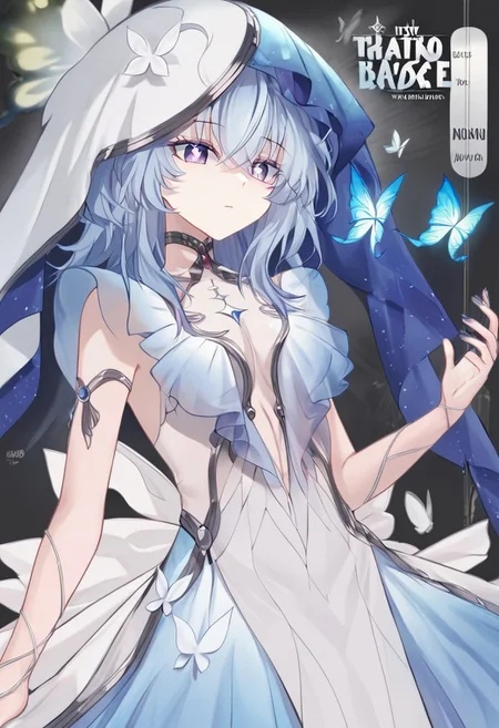 the_shorekeeper, blue_butterfly, blue_hair, blue_nails, iamond-shaped_pupils, diamond_(shape), dress, hair_between_eyes, logo long_hair, purple_eyes, purple_pupils, sidelocks, solo symbol-shaped_pupils, white_dress, white_veil,