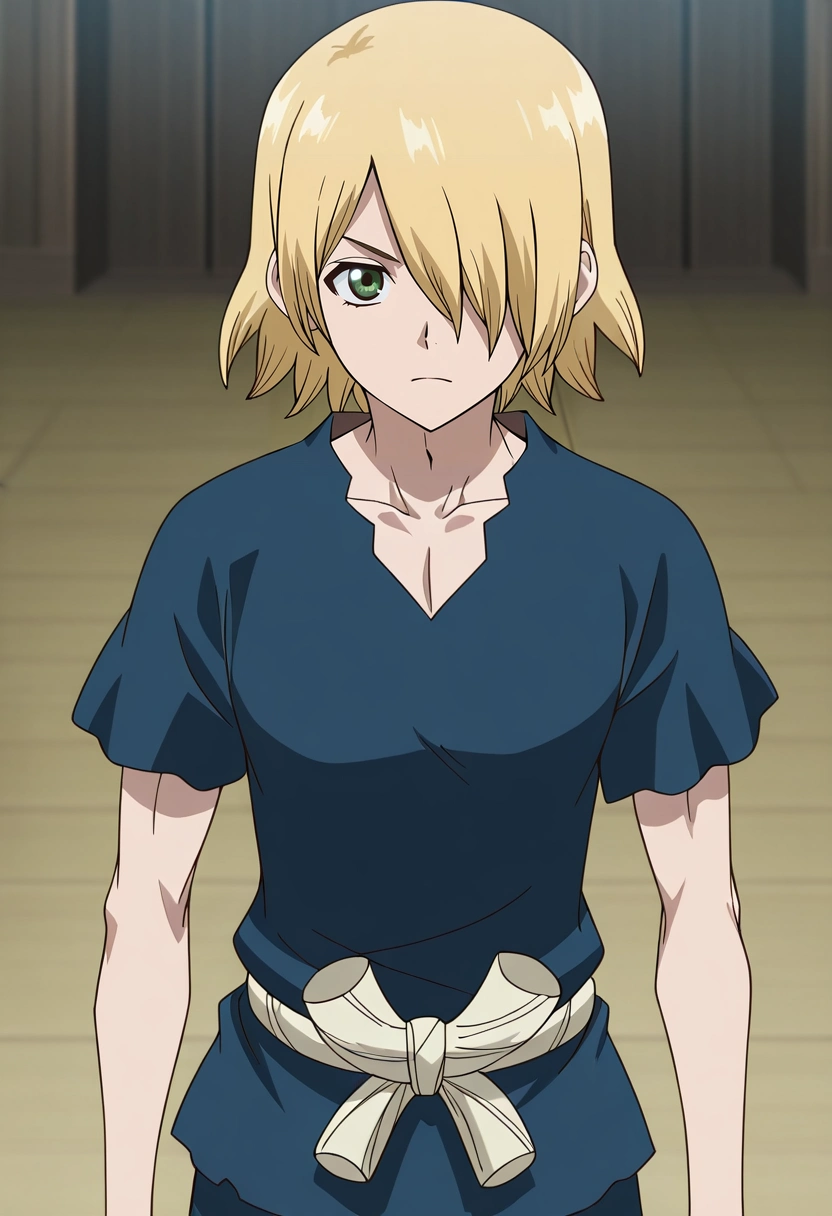 masterpiece, best quality, , anime screencap, anime coloring, , looking at viewer, 1boy, solo, male focus, <lora:ginrou_dr_stone_ilxl:0.94>, ginrou_dr_stone, blonde hair, green eyes, short hair, hair over one eye, blue shirt, short sleeves,