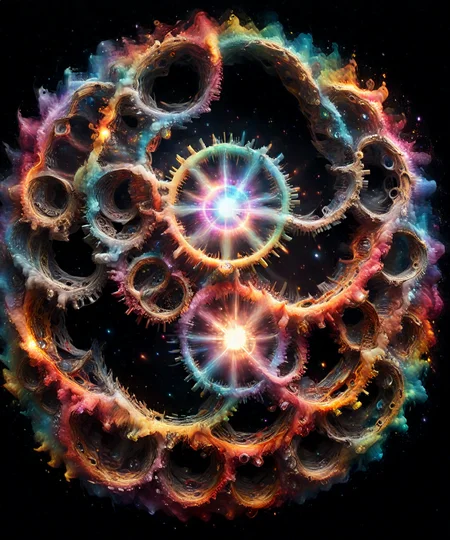 (Masterpiece, Best Quality, realistic, 4k, Highres:1.2), gear world, a rainbow ring nebula made out roast gears, black background.