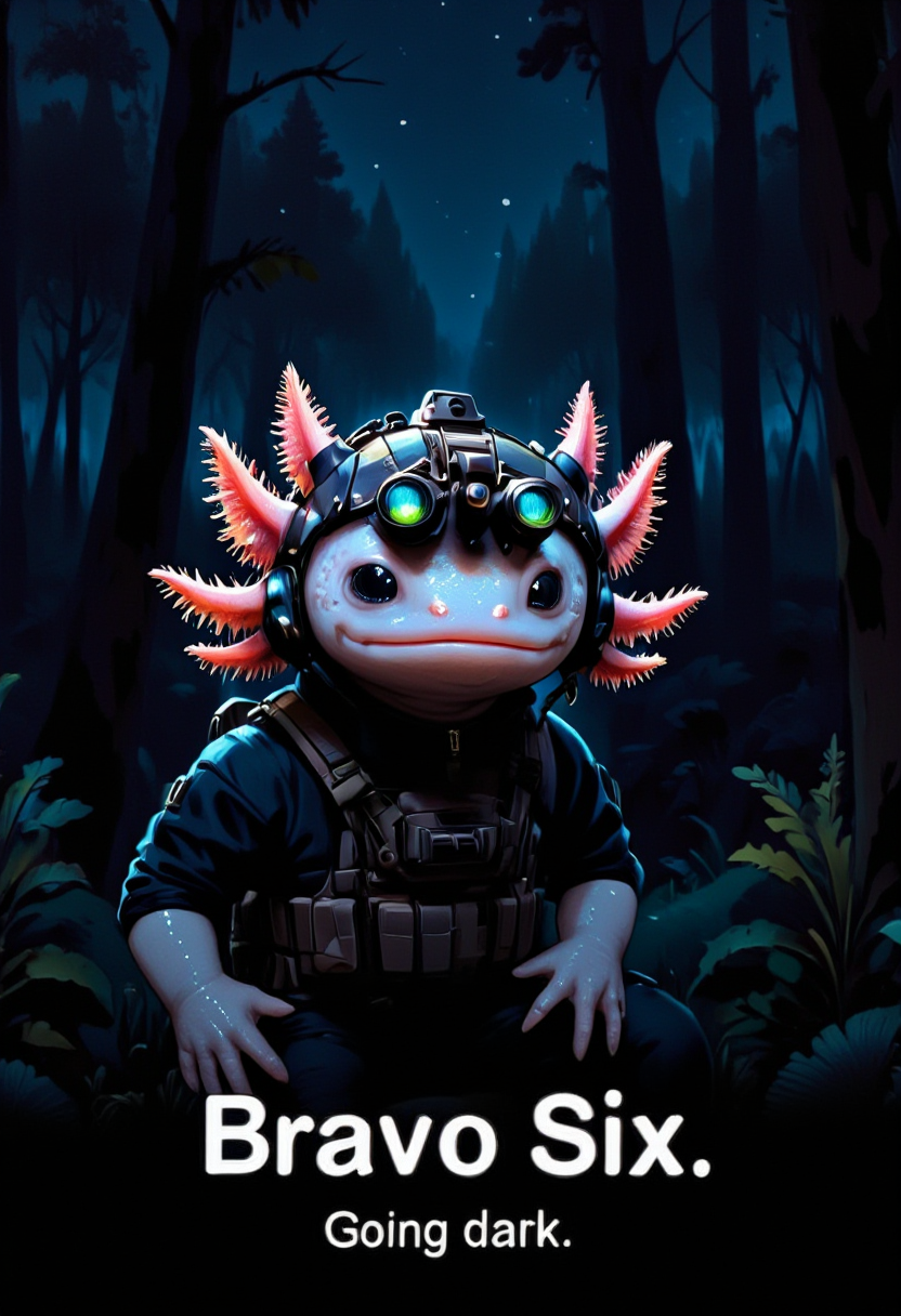 subtitles text "Bravo Six. Going dark." an anthropomorphized axolotl a modern military helmet equipped with night vision goggles, clad in black tactical combat gear, in a dark forest at night he has pink frilly gills and round black eyes, the night vision goggles are two black tubes that glow green slightly