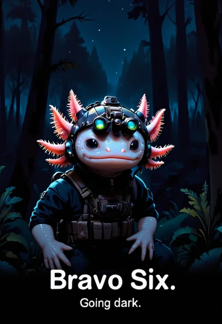 subtitles text "Bravo Six. Going dark." an anthropomorphized axolotl a modern military helmet equipped with night vision goggles, clad in black tactical combat gear, in a dark forest at night he has pink frilly gills and round black eyes, the night vision goggles are two black tubes that glow green slightly