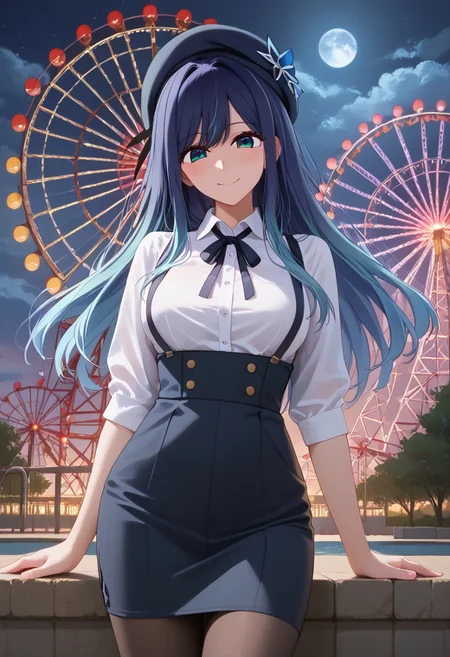 score_9, score_8_up, score_7_up, highest quality, extremely detailed, 4k, 8k, amazing quality, masterpiece, BREAK,
Expressiveh, BREAK,
mature female, slim waist, shiny skin, akane kurokawa, long hair, bangs, blue eyes, medium breasts, black hair, blue hair, multicolored hair, gradient hair, wide hips,
1girl, 
expressive eyes, perfect face, blushed, smile, cute face, 
ruanyi0902,beret,black ribbon,collared shirt,black pantyhose,high-waist skirt,white shirt,suspenders,
standing, turn around, look backward, cowboy shot, looking at viewer, head tilt, 
BREAK,
in an amusement park, on the ground, ferris wheel, nighttime, starry night, glowing moon, dreamy, thin cloud,