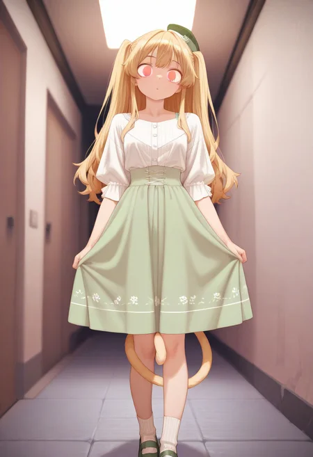 soft light, perfect anatomy , sharp focus, ((Depth of field)) deep depth, (Ultra detailed), best quality, intricate lighting, (absurd resolution), high resolution, intricate details, volumetric lighting, green hat, yellow hair, flowing detailed hair, innocent eyes, white panty hose, green skirt, green shoulder straps , white thick inner shirt, green striped socks, green shoes, small hat, twin tail hair, natural cloths, wild like girl, Fun Spirit, Fine Details, ,Fun Spirit, Fine Details,, s4ish0,, curious excitement , (white center tones), (green inner tones),