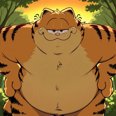 1boy, draw style, 2d, solo, male, anthro, cat, fat, belly, thick arms, overweight, obese, cartoon, cartoon eyes, orange fur, round belly, thick body, cream-colored fur, black stripes, big paws, short ears, cat tail, black stripes on tail, cream-colored snout, whiskers, brown eyes, pink small nose, four fingers, BREAK outside, forest, evening, bent over, hands on hips, close-up, looking at viewer, seductive, low angle