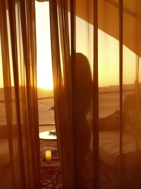 Within a luxurious desert tent lined with velvet cushions and patterned tapestries, a Bedouin woman with bronze skin and smoky dark eyes kneels beside a low table. Her black lace lingerie contrasts against warm golden tones of the tent interior. Her long, raven-black hair is half-covered with a sheer scarf that trails behind her. The camera pushes through hanging fabrics, slowly framing her in a medium shot as candlelight flickers across her silhouette and the glint of jewelry on her wrists.