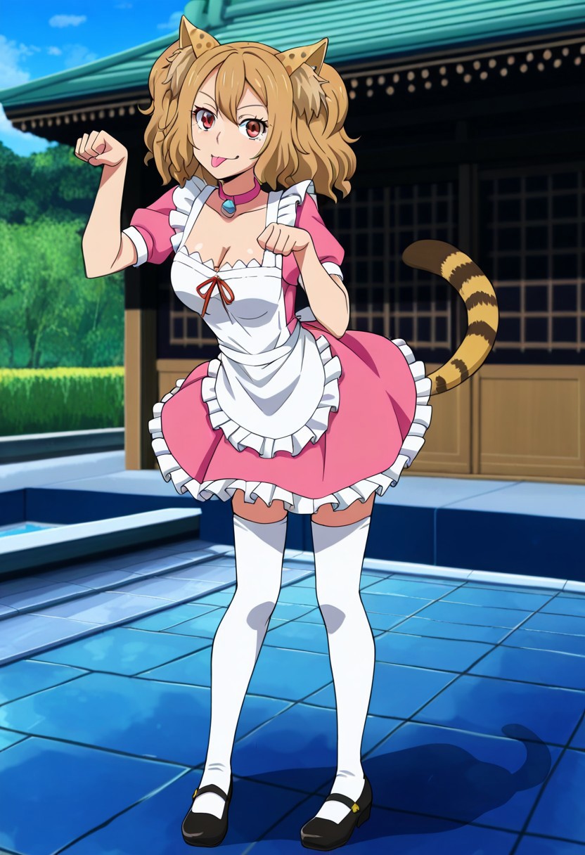 LovUEruza, light brown hair, EruBrownEyes,EruCheetahTail,CheetahEars,EruPigtails, EruHairpins,
EruPinkMaidDress, white apron, cleavage, frills, short sleeves, white stockings, black shoes, red ribbon, pink collar,
tongue out, posing, paw pose, having fun,
outdoors, japan, dormitory, courtyard,
masterpiece, best quality,