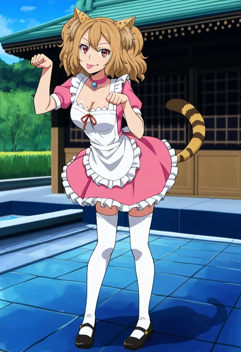 LovUEruza, light brown hair, EruBrownEyes,EruCheetahTail,CheetahEars,EruPigtails, EruHairpins,
EruPinkMaidDress, white apron, cleavage, frills, short sleeves, white stockings, black shoes, red ribbon, pink collar,
tongue out, posing, paw pose, having fun,
outdoors, japan, dormitory, courtyard,
masterpiece, best quality,