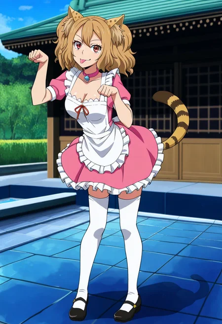 LovUEruza, light brown hair, EruBrownEyes,EruCheetahTail,CheetahEars,EruPigtails, EruHairpins,
EruPinkMaidDress, white apron, cleavage, frills, short sleeves, white stockings, black shoes, red ribbon, pink collar,
tongue out, posing, paw pose, having fun,
outdoors, japan, dormitory, courtyard,
masterpiece, best quality,