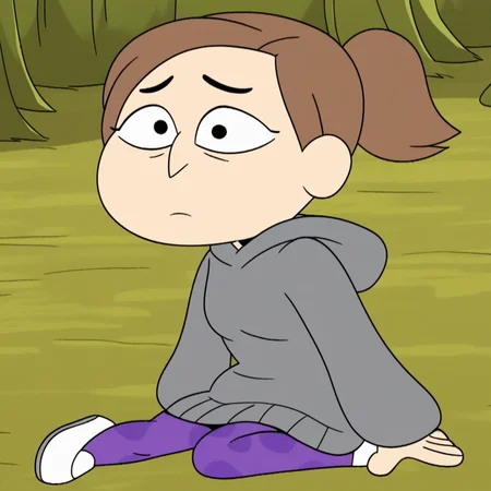 black eyebrows, white shoes, full body, Score_9, 1 girl, white skin, Solo, sitting on the floor, Light brown hair, in a forest, purple leggings with darker spots, , gray hoodie, Marie_Cotc, large black eyes