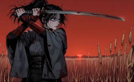 score_9,score_8_up,score_7_up,score_6_up,score_5_up,score_4_up,source_anime BREAK two hands,hands raised,hands visible,katana,blade,holds katana,japanese armor,glowing eyes,blue eyes,ponytail,1girl,wheat field,blood dawn,red background,intense shadows,sunset,<lora:GTHAN2:1>,gthan,gothic,