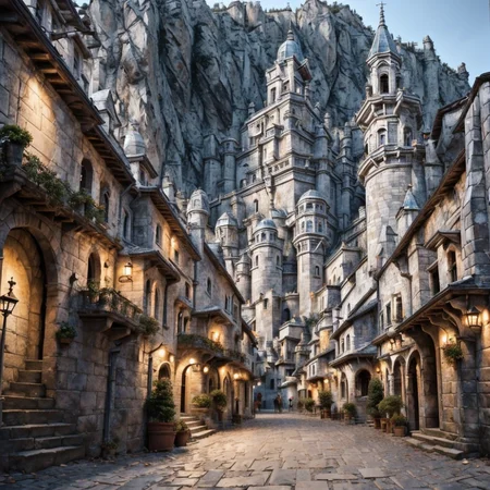 RAW photo, (masterpiece:1.3), subsurface scattering, heavy shadow, (high quality:1.4), (intricate, high detail:1.2), professional photography, HDR, High Dynamic Range, realistic, ultra realistic, photorealistic, high resolution, film photography, ambient lighting, atmospheric effects, <lora:detail_slider_v4:2>, OverallDetail, Numenor, a narrow street winding up a hill in a medieval fantasy city, intricate houses,  big statues, towers, walls, <lora:Numenor-10:1>, in the style of Middle Earth, Tolkien, Minas Tirith, epiCPhoto