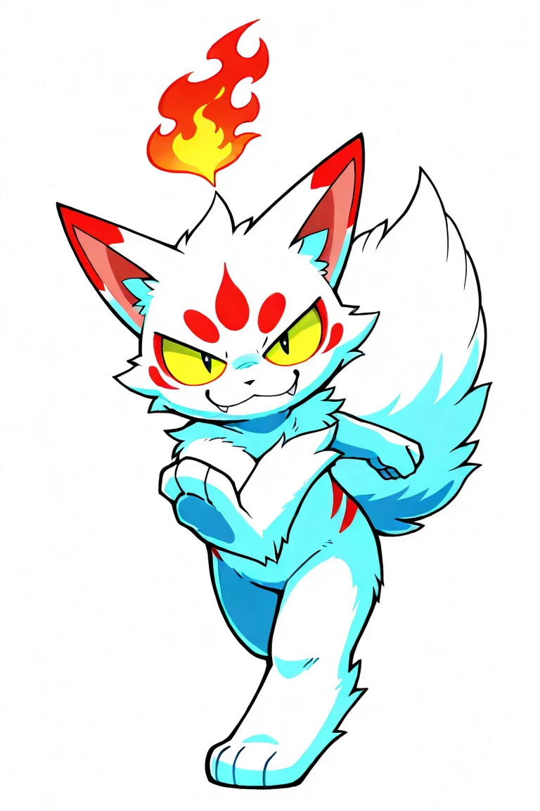 kemono style, furry, white body, traditional youkai, kitsune, solo, no humans, flame tail, smug, fangs,standing, action pose, dynamic pose, colored sclera, simple background, red markings, yellow sclera, looking at viewer, fluffy tail, long fluffy tail, dynamic angle