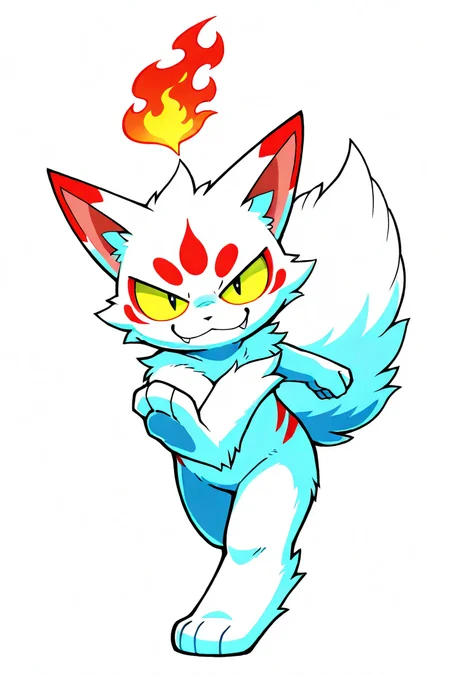 kemono style, furry, white body, traditional youkai, kitsune, solo, no humans, flame tail, smug, fangs,standing, action pose, dynamic pose, colored sclera, simple background, red markings, yellow sclera, looking at viewer, fluffy tail, long fluffy tail, dynamic angle