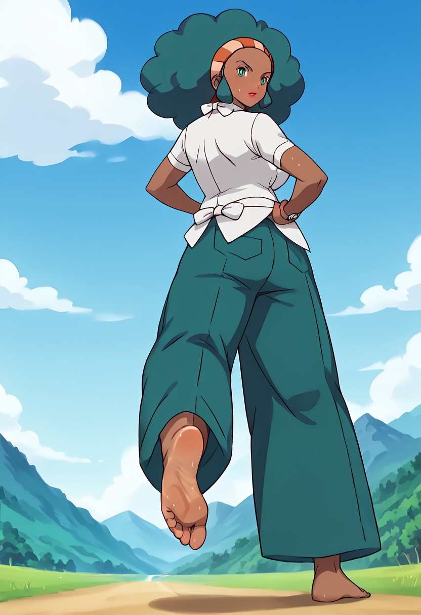 score_9, score_8_up, score_7_up, score_6_up, best_quality, source_anime 1girl, solo, 
anime screencap, anime coloring,,
PMLenora, dark skin, green eyes, green hair, big hair, afro, hairband, lipstick, large breasts,
white shirt, pocket, short sleeves, white bow, bowtie, green pants, belt,, barefoot,
mountain lake scenery, bright sunny day,
(perfect feet, realistic feet, foot focus:1.1),  high arched foot, looking back at viewer, elegant pose, detailed sole, sweaty sole, high-arched foot, wrinkled sole, back view, from below, soft lighting, (5 toes), blushing, serene expression, (standing, walking away from viewer, leg raised, sole visible), full body, very low angle, ((detailed face)), zPDXL3