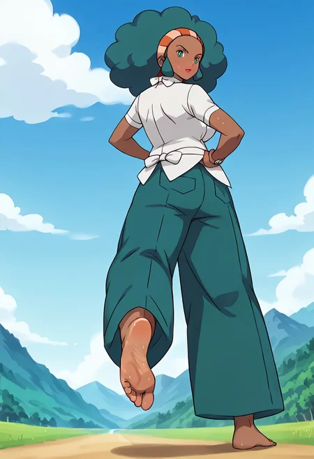 score_9, score_8_up, score_7_up, score_6_up, best_quality, source_anime 1girl, solo,
anime screencap, anime coloring,,
PMLenora, dark skin, green eyes, green hair, big hair, afro, hairband, lipstick, large breasts,
white shirt, pocket, short sleeves, white bow, bowtie, green pants, belt,, barefoot,
mountain lake scenery, bright sunny day,
(perfect feet, realistic feet, foot focus:1.1), high arched foot, looking back at viewer, elegant pose, detailed sole, sweaty sole, high-arched foot, wrinkled sole, back view, from below, soft lighting, (5 toes), blushing, serene expression, (standing, walking away from viewer, leg raised, sole visible), full body, very low angle, ((detailed face)), zPDXL3