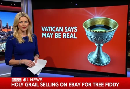 aidmatextimprover, A high-resolution photograph of a sexy blonde anchorwoman in the **BBC Newsroom**, shuffling papers. Behind her, a screen displays an ornate silver chalice with **"VATICAN SAYS MAY BE REAL"** in bold text. The **BBC NEWS** overlay reads: **"HOLY GRAIL SELLING ON EBAY FOR TREE FIDDY."**