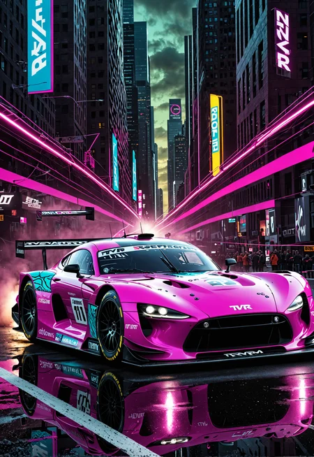 dynamic angle, masterpiece, award winning picture, TVR DTM car racing, futuristic background, hyper detailed, intricate, neon poster, artstation, epic, ultra detail, intricate details, UHD