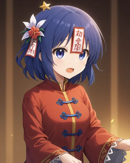 miyako yoshika,1girl, solo, ofuda, open_mouth, hair_flower, jiangshi, chinese_clothes, no_headwear, fangs, looking_at_viewer
<lora:miyako_yoshika_image2483_2023-12-20:1>,star-shaped_pupils,symbol-shaped_pupils,. gorgeous,key visual, vibrant, studio anime,award-winning, professional, highly detailed,high budget, cinemascope