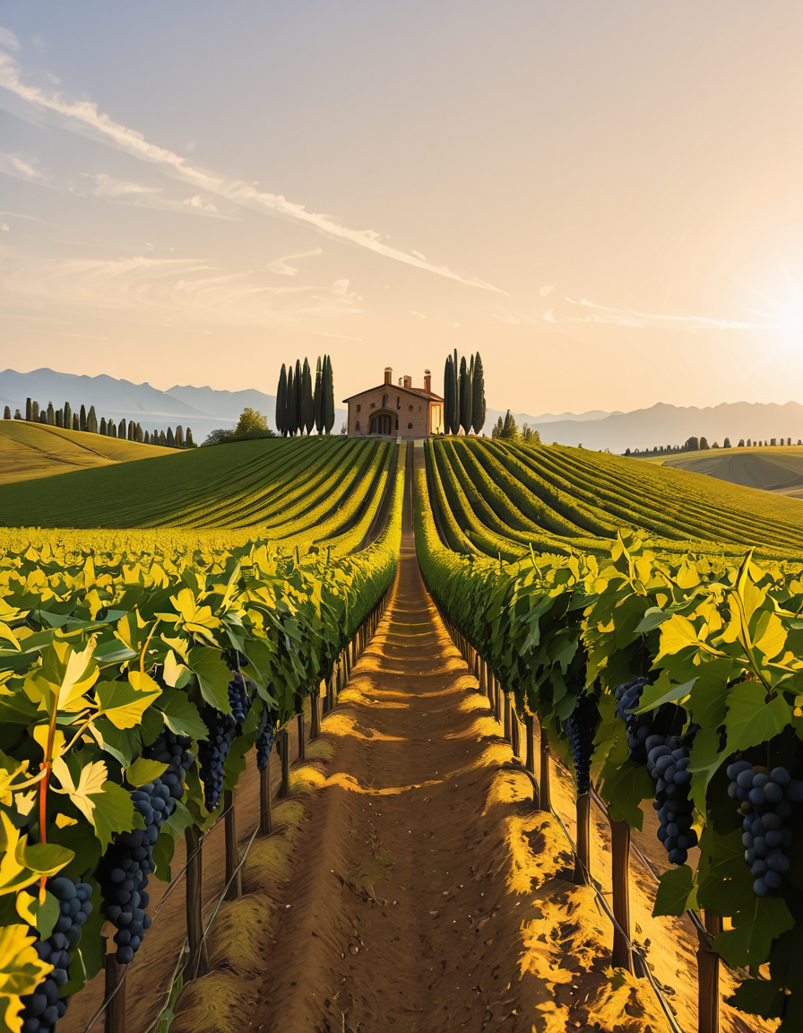 A breathtaking vineyard stretching across rolling hills, bathed in the warm golden light of late afternoon. The neatly aligned rows of grapevines are lush and vibrant, their deep green leaves contrasting with the rich, fertile soil beneath them. The vines are heavy with ripe, plump grapes in shades of deep purple and rich green, glistening under the sunlight. In the background, a rustic stone farmhouse with a terracotta roof sits atop a small hill, surrounded by tall cypress trees. A narrow dirt path winds through the vineyard, leading towards the farmhouse. The sky is a soft blue with wispy clouds scattered across the horizon. In the distance, a range of low mountains adds depth to the landscape. The atmosphere is peaceful and idyllic, evoking the charm of a traditional wine-growing region like Tuscany or Bordeaux. 
<lora:SDXLFaeTastic2400:0.4> <lora:extremely_detailed:0.4> extremely detailed
,v1n3y4rd <lora:v1n3y4rd-i:1>, Masterpiece,best quality,hi res,8k,hi res,8k,award winning,(sharp focus, intricate, highly detailed),