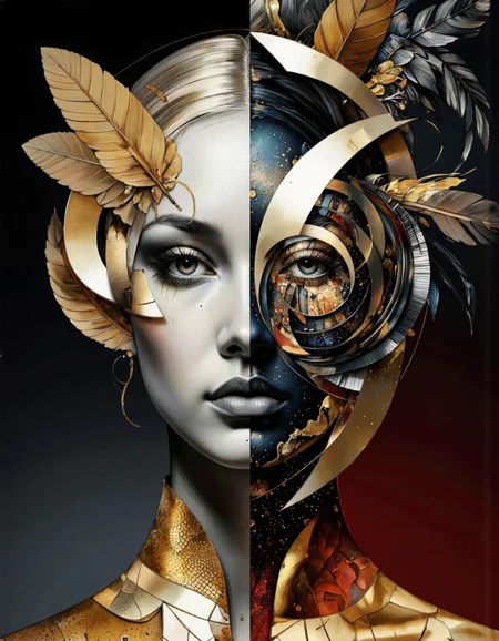 By Tom Nulens. A digitally created artwork in a modern, abstract style. The central focus is a stylized, surreal portrait of a woman's face, divided into two halves. The left half is a realistic depiction of a woman's face with detailed features and a neutral expression, framed by golden, metallic feathers and geometric shapes. The right half is more abstract, featuring a blend of metallic textures, organic forms, and geometric patterns. The woman's right eye is partially obscured by a large, metallic, swirling pattern that resembles a vortex or a galaxy. Her hair is intricately designed, with feathers and metallic elements interwoven, adding to the surreal and futuristic aesthetic.
The background is a gradient of deep, dark colors, transitioning from black to a rich, dark red, which enhances the golden and metallic tones of the artwork. The overall composition is symmetrical, with the left and right halves mirroring each other, creating a sense of balance and harmony. The textures and colors are highly detailed and rich, giving the artwork a luxurious and opulent feel. The style is reminiscent of high-end fashion photography or digital art, blending realism with abstract elements. <lora:Tom_Nulens:0.8045440673828125>