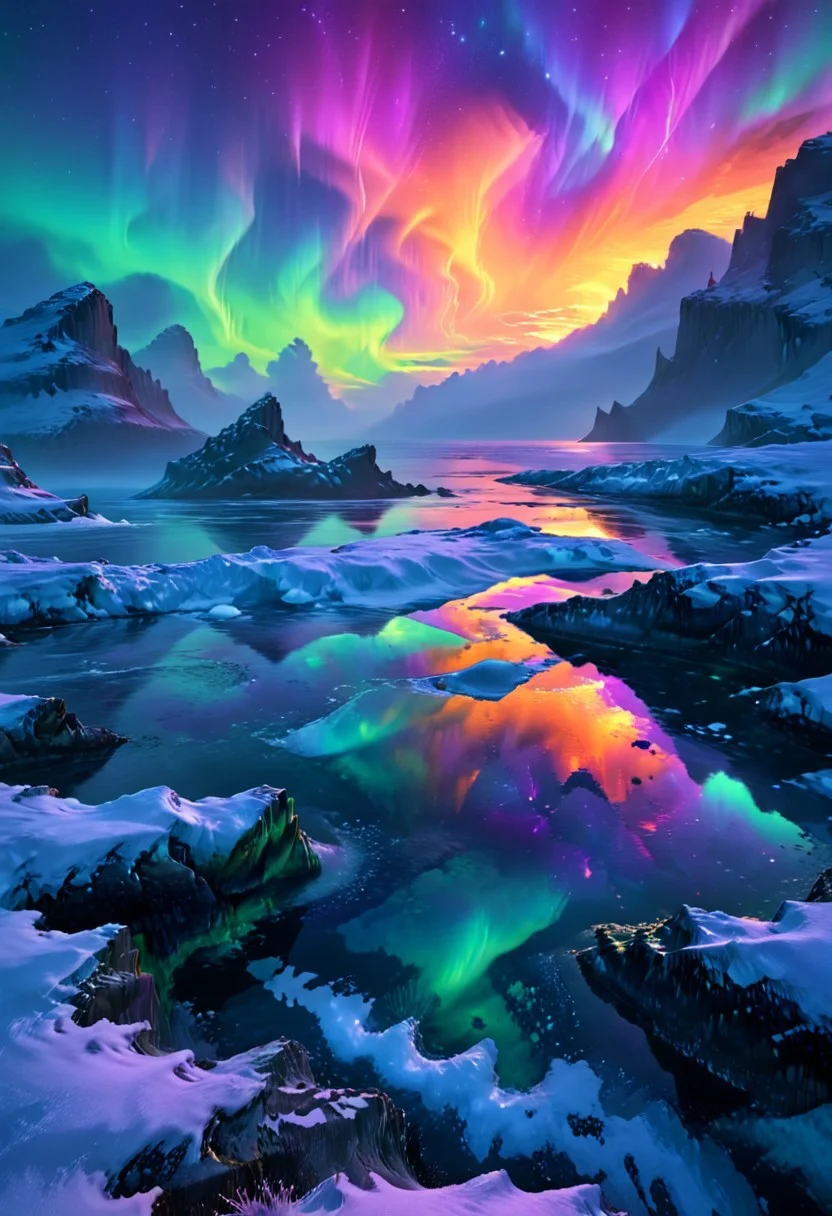 A coastal scene where a vibrant, otherworldly aurora blankets the sky,
The aurora stretches across the night, displaying surreal shapes in vivid, unreal colors,
hues of purple and orange and other shades not found in a typical aurora,
The spectacle feels as if from another dimension, radiating extraordinary colors and forms,
without intricate detailing,