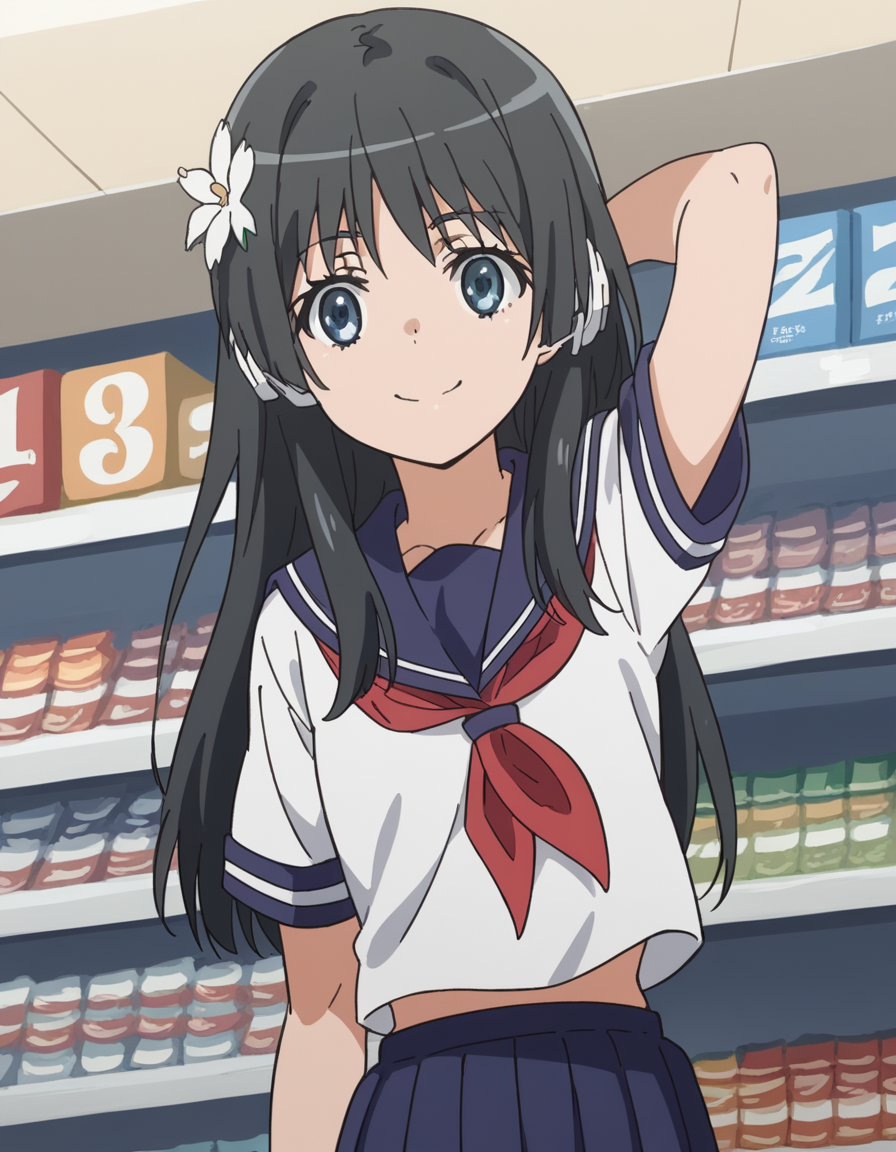 score_9, score_8_up, score_7_up, source_anime, <lora:saten-ruiko-s3-ponyxl-lora-nochekaiser:1>, saten ruiko, black hair, blue eyes, long hair, hair ornament, flower ornament,, blue skirt, pleated skirt, sakugawa school uniform, school uniform, serafuku, skirt, summer uniform,, music store, browsing records, headphones, vinyl collection, nostalgic, smile, , foot forward, hand behind head, elbow down, solo,, cowboy shot, dutch angle
