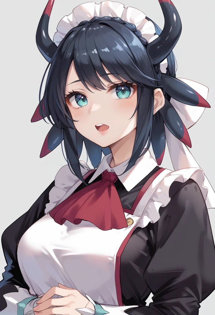 (score_9:0.9),score_8_up,score_7_up,rating_safe,anime style,(zPDXL),<lora:House Dragonmaid ponyXL v1:0.72>,house dragonmaid,1girl,solo,open mouth,upper body,maid headdress,blush,simple background,maid dress,red ascot,grey background,sidelocks,silver fingerless gloves,mob cap,