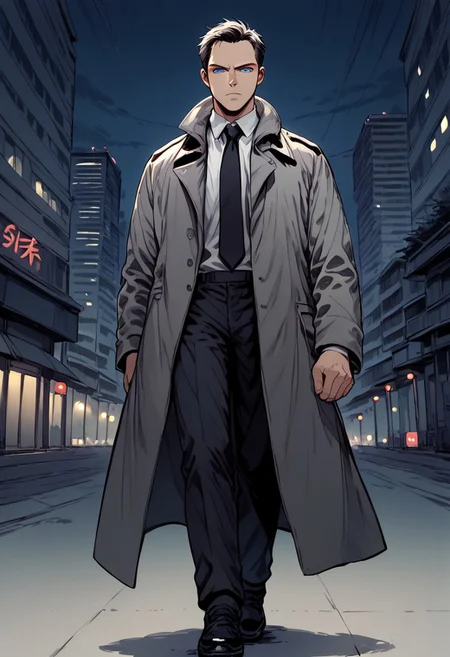 score_9, score_8, score_7, sinozick style, (city background), night, dramatic light, sketch, 1man, walking, mature, blue eyes, black trenchcoat, grey coat, black tie, white shirt, black pants, black shoes, irritated, hold a gun, ((close-up))