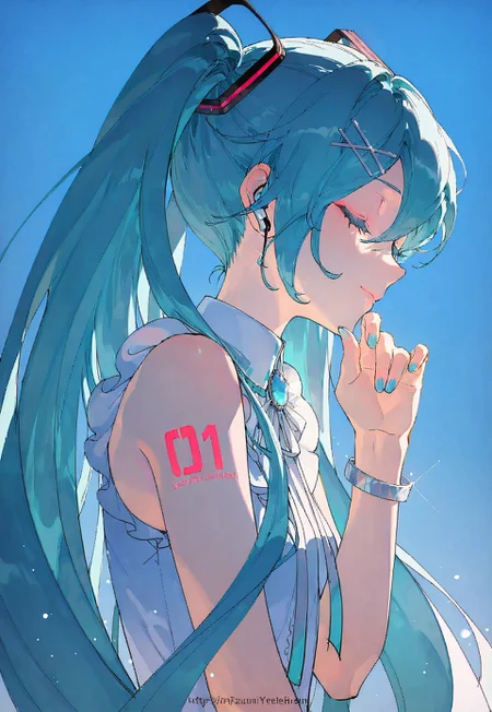artist:yeej chan, artist:suzumi \(ccroquette\), artist:rella, crypton future media, piapro, vocaloid, hatsune miku, 1girl, artist name, bare shoulders, blue hair, blue nails, blue sky, bracelet, brooch, close-up, closed eyes, closed mouth, day, earbuds, earphones, eyelashes, fingernails, frills, from side, glint, hair between eyes, hair ornament, hairclip, hand on own chin, hands up, head rest, jewelry, light particles, light smile, long eyelashes, long hair, neck ribbon, number tattoo, outdoors, product placement, profile, ribbon, shirt, shoulder tattoo, sky, sleeveless, sleeveless shirt, solo, sunlight, tattoo, twintails, upper body, web address, white ribbon, white shirt, wireless earphones, x hair ornament