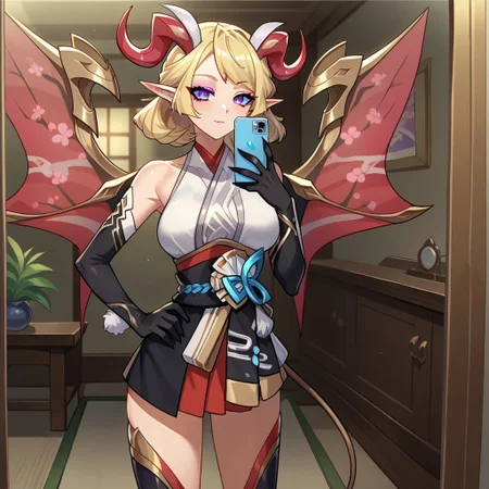 Expressiveh,1girl, mature female, verakmn, purple eyes, eyeshadow, blonde hair, short hair, demon horns, pointy ears, bare shoulders, wings, tail, japanese clothes, kimono, obi, detached sleeves, black gloves, elbow gloves, black thighhighs, sandals, mirror, room, holding phone, selfie, solo, hand on own hip, score_9, score_7_up,anime coloring ,source_anime, anime, anime screencap,