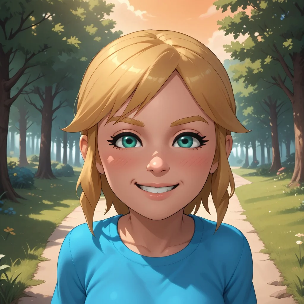 score_9, score_8, BREAK, solo, wii, mii, wii sports, 1girl, female mii, green eyes, blonde hair, blonde eyebrows, blush, cyan clothing, white pants, shoes, nintendo mii, modern_mii, classic_mii, breasts, olga_(wii_sports), cute, sexy pose, self portrait, smile, outdoors, sunlight, shadows, evening lighting, natural lighting, forest, trees, grass, orange sky, sunset