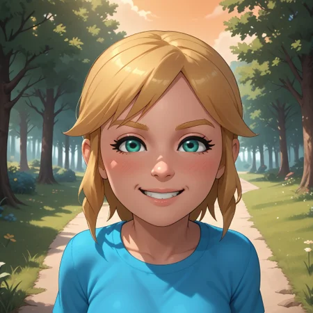 score_9, score_8, BREAK, solo, wii, mii, wii sports, 1girl, female mii, green eyes, blonde hair, blonde eyebrows, blush, cyan clothing, white pants, shoes, nintendo mii, modern_mii, classic_mii, breasts, olga_(wii_sports), cute, sexy pose, self portrait, smile, outdoors, sunlight, shadows, evening lighting, natural lighting, forest, trees, grass, orange sky, sunset