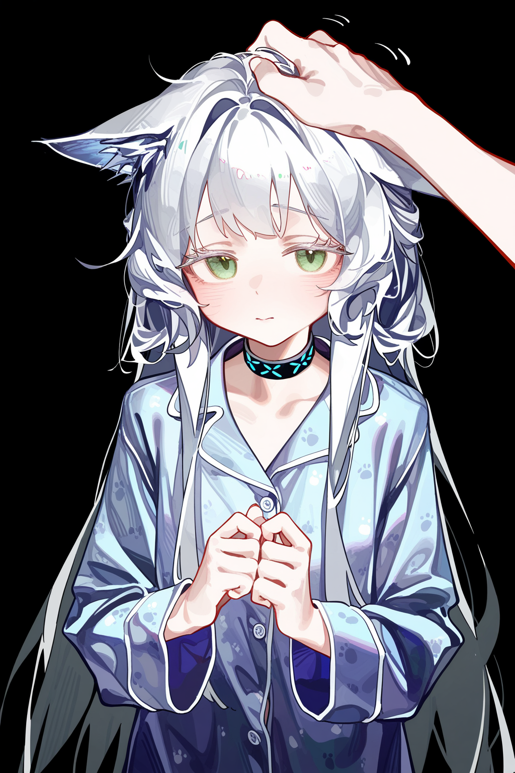 1girl, rosmontis \(arknights\), arknights, ssamballking, (tianliang duohe fangdongye:0.8), imi, solo, alternate costume, pajamas, choker, ears down, cat ears, shy BREAK pov hands, grabbing another's ear, headpat, cute fashion, looking at viewer, rim lighting, black background, simple background, best quality, very aesthetic, absurdres