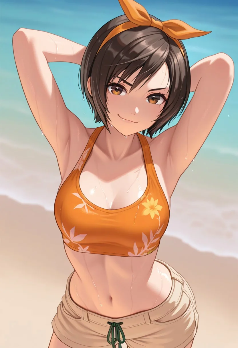 masterpiece, best quality, Yuffie_FF7, Yuffie_Summer, black hair, brown eyes, short hair, hair bow, orange bikini top, beige shorts, navel, 1girl, solo, looking at viewer, smirk, beach, wet, cowboy shot, arms up, hands behind head, pose,