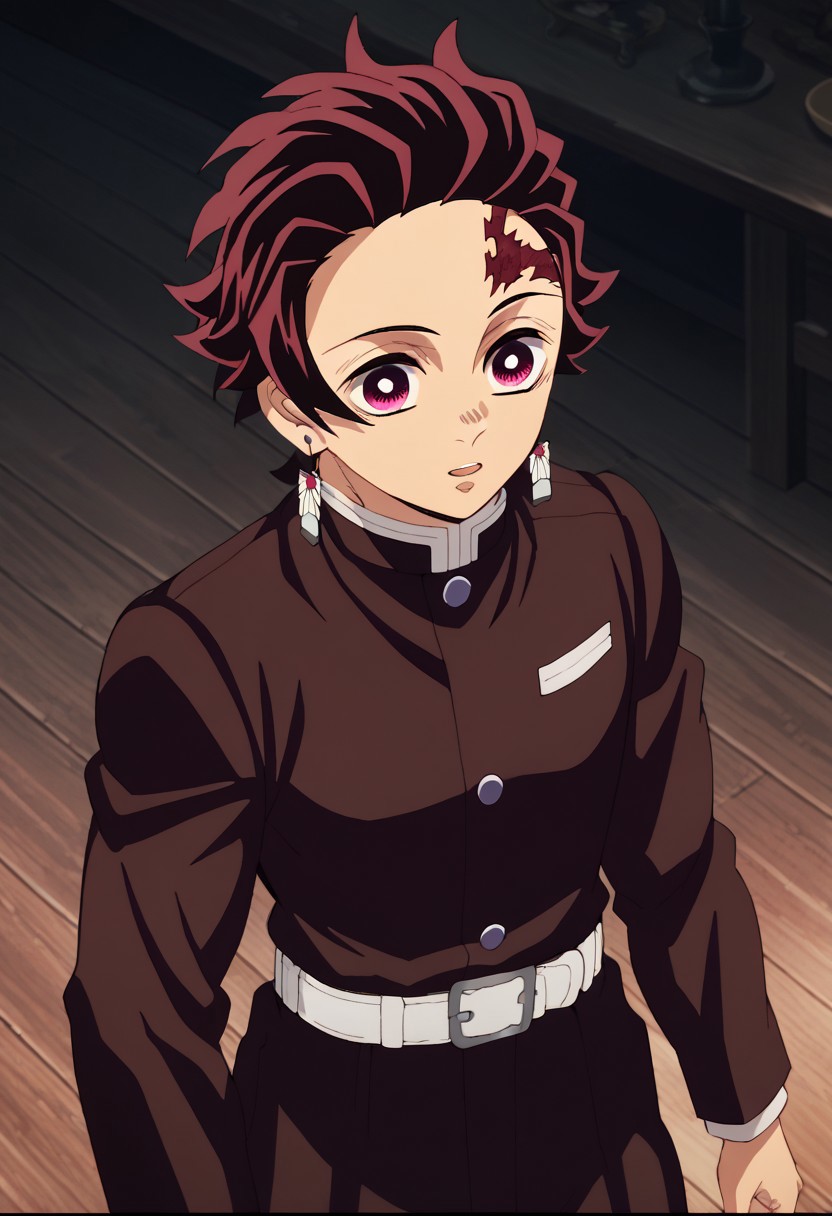 score_9, score_8_up, score_7_up, source_anime, rating_safe, kamado tanjirou, red-white_Tanjiro_eyes, white-red_Tanjiro_earrings, red_Tanjo_scar on forehead, 1boy, male focus, anime screencap, black-white_Tanjiro_jacket, white_Tanjiro_belt, black_Tanjiro_pants, demon slayer uniform,
