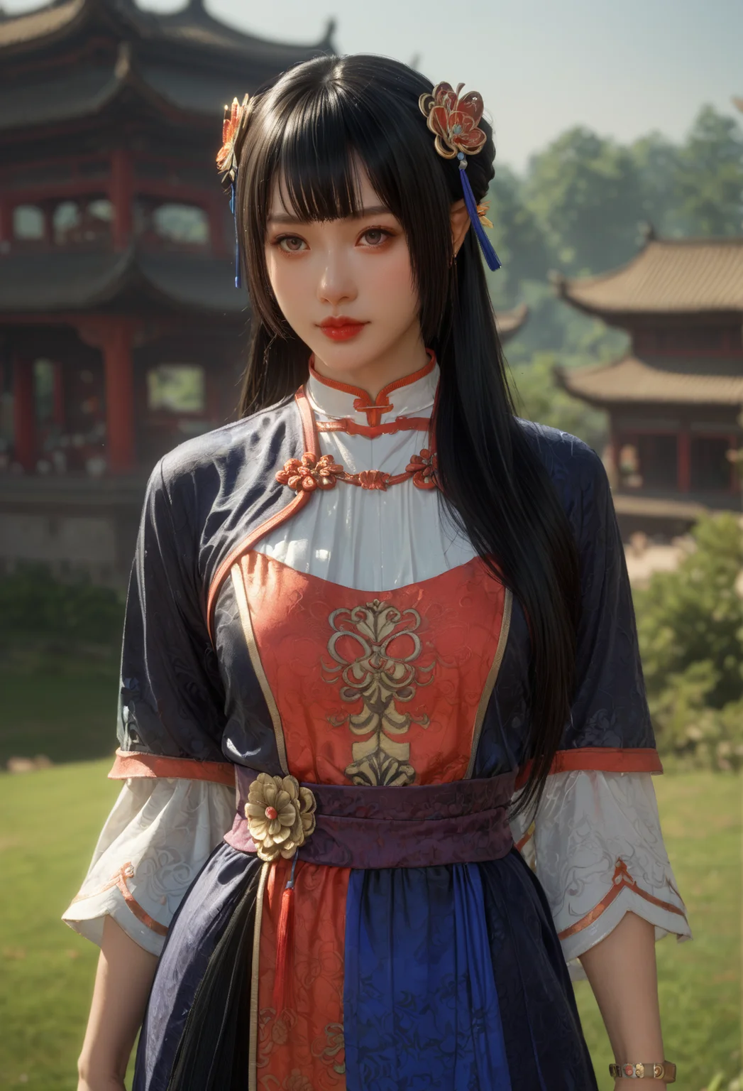 score_9, score_8_up, score_7_up, She stands with one hand resting on her hip, looking poised and elegant., <lora:Daqiao_Dynasty_Warriors:0.8> 1girl, solo, black hair, long hair, hair ornament, chinese clothes, jewelry, bracelet, half body shot, looking at viewer