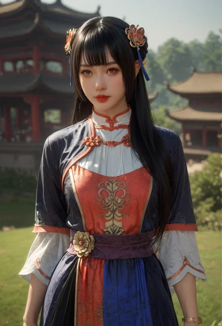 score_9, score_8_up, score_7_up, She stands with one hand resting on her hip, looking poised and elegant., <lora:Daqiao_Dynasty_Warriors:0.8> 1girl, solo, black hair, long hair, hair ornament, chinese clothes, jewelry, bracelet, half body shot, looking at viewer