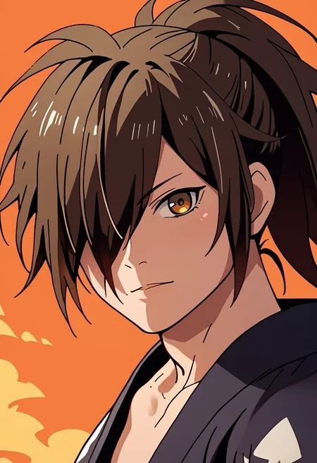 source_anime, score_9, score_8_up, score_7_up, (masterpiece:1.2), (best quality:1.3), <lora:Hyakkimaru_Dororo:0.8> hyakkimaru_dororo, 1boy, ponytail, kimono, portrait, hair over eye, tattered, looking at viewer, upper body, <lora:Anime Style (Vauxz) PONY:0.8>