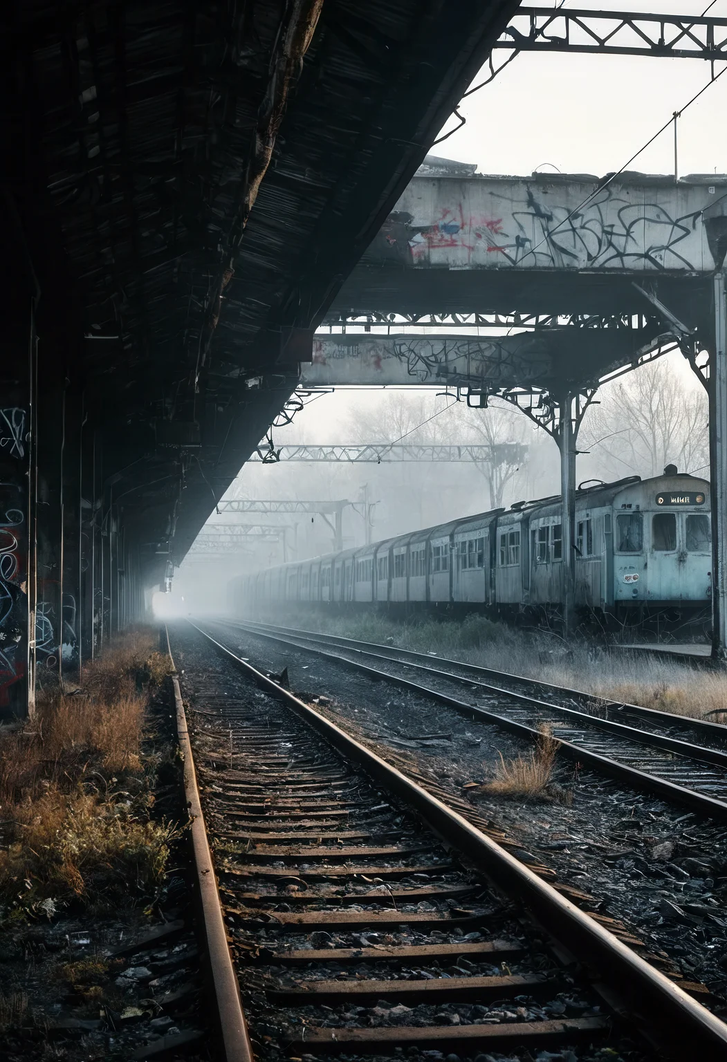 desolate train station in a post-collapse world, overgrown tracks disappearing into fog, rusting train cars covered in graffiti, broken glass scattered across platform, distant ruins visible in pale morning light, cold color tones, haunting stillness, cinematic composition, ultra-realistic textures, forgotten and abandoned vibe