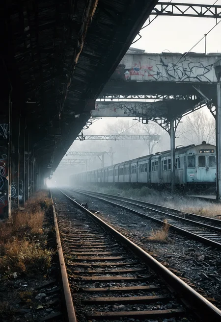 desolate train station in a post-collapse world, overgrown tracks disappearing into fog, rusting train cars covered in graffiti, broken glass scattered across platform, distant ruins visible in pale morning light, cold color tones, haunting stillness, cinematic composition, ultra-realistic textures, forgotten and abandoned vibe