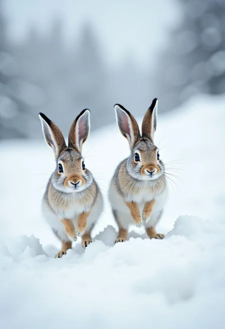 Two little mountain hares hopping around in a snowy landscape, with white fur and long ears