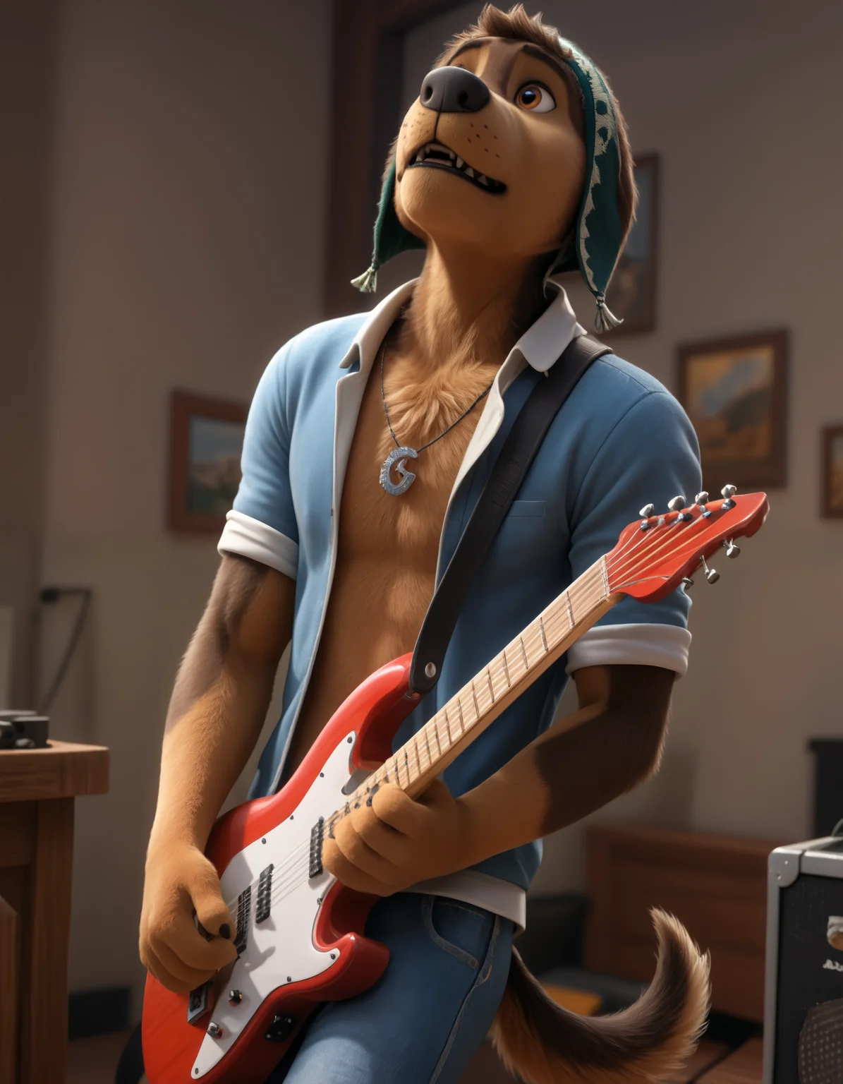 score_9, score_8_up, score_7_up, BREAK (anthro, furry:1.1), depth of field, cinematic lighting, masterpiece, detailed hands, detailed face, best quality, ultra realistic, 4k, 2k, film photography, RAW photo, photorealistic, analog style, subsurface scattering, photorealism, embedding:unaestheticXL_bp5, embedding:zPDXL,(best quality, high quality, 8K:1.5), <lora:add-detail-xl:2.5>, <lora:fix_hands.safetensors:2.0>, <lora:2.5DRealisticV2.safetensors:0.2>, <lora:sinfully_stylish_SDXL.safetensors:0.6>, <lora:AdvancedEnhancerXLv2.safetensors:1.0>, (hi res), ((masterpiece)), ((best quality)), illustration, anthro, furry, (hi res), ((masterpiece)), ((best quality)), illustration, anthro, furry, <lora:Bodi_Rock_Dog.safetensors:0.8>, bodi, rock dog, teeth, blurry background, furry, spotlight, pectorals, hoodie, blurry, bandana, open shirt, dog 1girl, solo, brown_hair, 1boy, jewelry, male_focus, necklace, tank_top, denim, instrument, realistic, guitar, electric_guitar